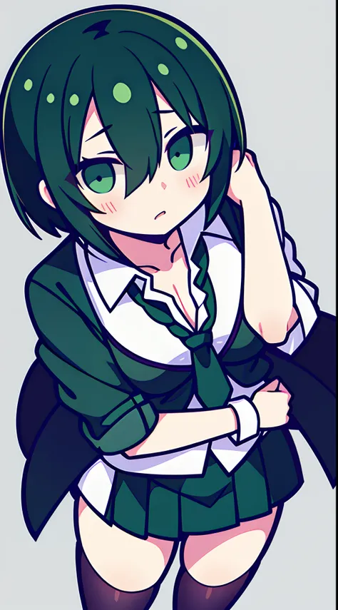 Short green and black haired girl in skirt and formal wear，The expression is desperate