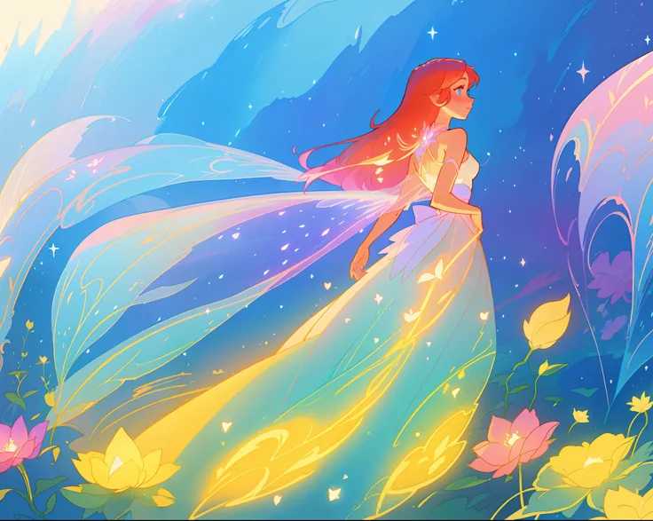 beautiful girl in flowing tiered layered ballgown dress, fairy dress, fairy queen, magical otherworldly landscape, (glowing fairy wings), glowing flowing ballgown, long hair, sparkling fairy wings, watercolor illustration, flowers and colorful plants, insp...