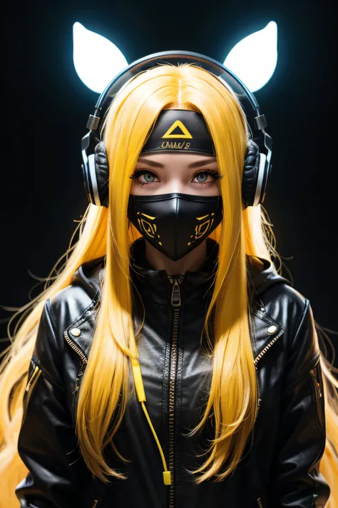 girl with long yellow hair, yellow eyes, futuristic vibes, mask on mouth, headphones, 8k, high quality, simple background, glowi...