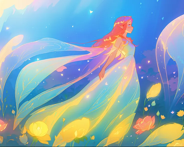 beautiful girl in flowing tiered layered ballgown dress, fairy dress, fairy queen, magical otherworldly landscape, (glowing fairy wings), glowing flowing ballgown, long hair, sparkling fairy wings, watercolor illustration, flowers and colorful plants, insp...