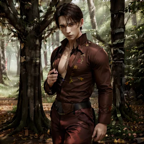 (best quality,4k,8k,highres,masterpiece:1.2),ultra-detailed,(realistic,photorealistic,photo-realistic:1.37), Elf man, ranger, robes made of autumn leaves, clothes made of autumn leaves, mystical forest, enchanted scenery, ancient trees, vibrant colors, sof...