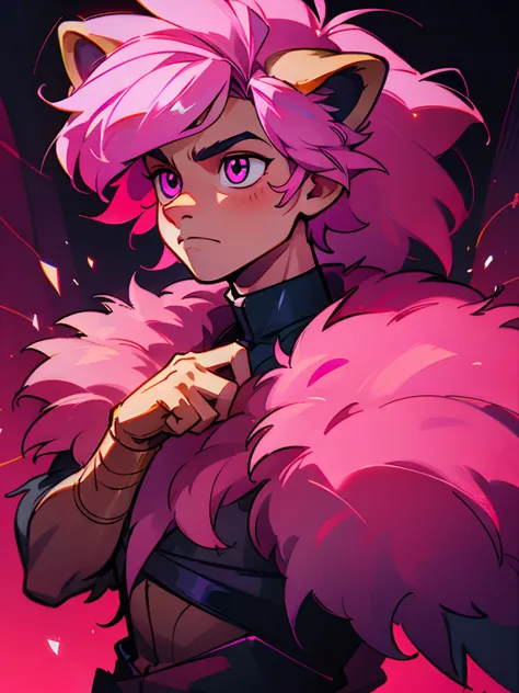 A anthropomorphic boy lion with a pink fur, in a dark environment