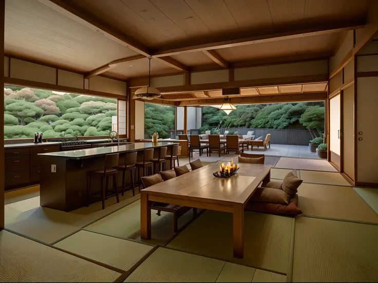 Interior of Japanese villa space, large living room;, around the link to the kitchen, Living room, and bar