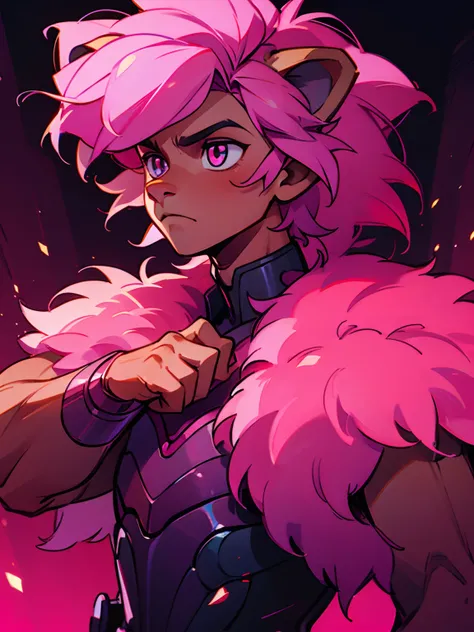 A anthropomorphic boy lion with a pink fur, in a dark environment