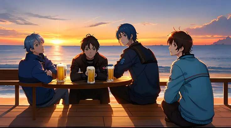 Three boys one looking at sunset sitting in front of sunset in the sea anime style ultra realistic pixar style having a beer thinking about cyberpunk anime style life