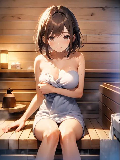 in 8K、top-quality、​masterpiece、ultra-detailliert、Ultra-high resolution、((1 persons))、girl with、brown haired、a short bob、((((Sauna room))))、((perspiring))、Red face、Hide your breasts with a bath towel、((steams))、Hot