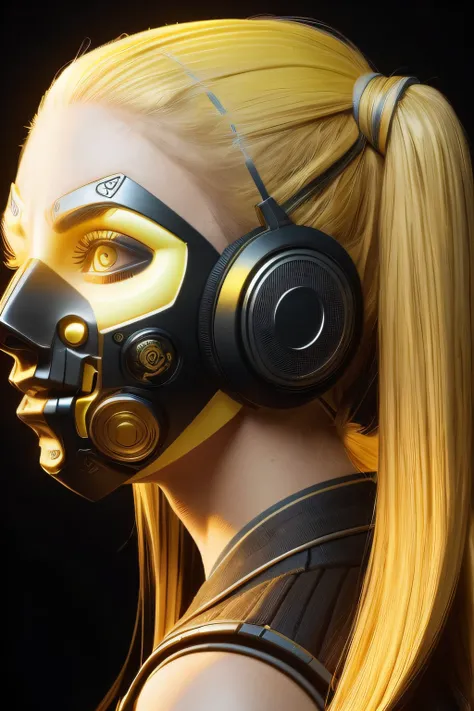 girl with long yellow hair, yellow eyes, futuristic vibes, mask on mouth, headphones, 8k, high quality, simple background, glowi...