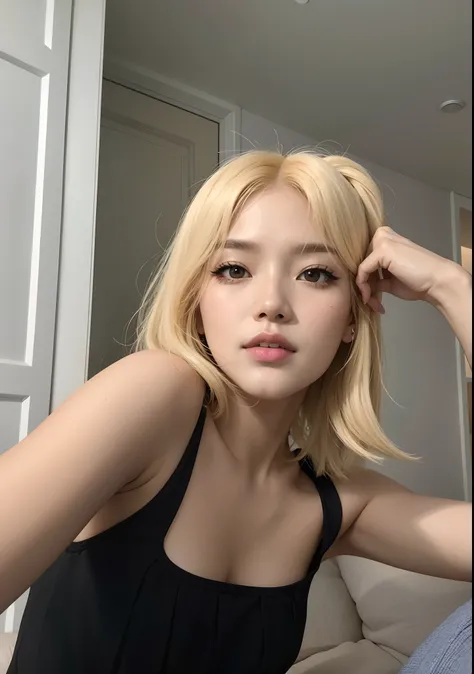 Blonde woman in a black blouse sitting on a sofa in a living room, Sun Yunjoo, con el pelo corto, Parque Roseanne de Blackpink, Lalisa Manobal, Retrato de Jossi de Blackpink, Foto de perfil de la foto de cabeza, Jossi de Blackpink, su cabello es blanco, Im...