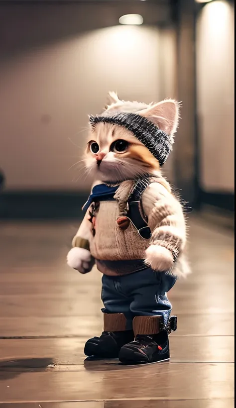 cute baby cat in knitted hat standing,various poses