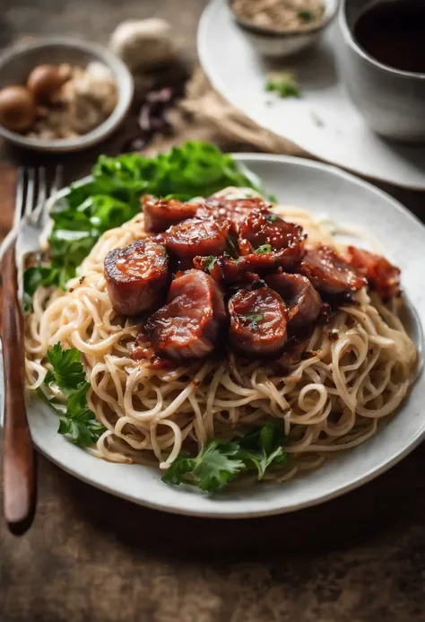 At the dinner table, A plate of noodles, Top with thin char siu slices, Minced meat, Greens and shallots.