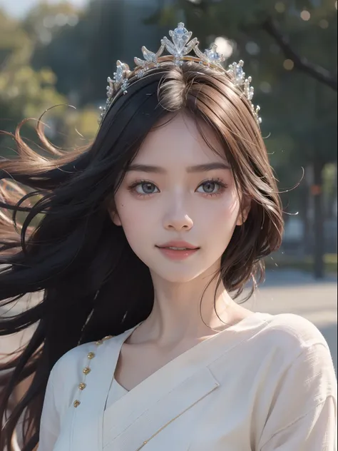 (8K, RAW photo, Best quality, Masterpiece:1.2), (Realistic, photo-realistic:1.37), Ultra-detailed, 超高分辨率, twtzuyu, 1 girl,view the viewer,Smile, ((Wear a crown on your head)), queen, Beautiful detailed eyes,  (Floating hair), Detailed clothes,  Skin textur...