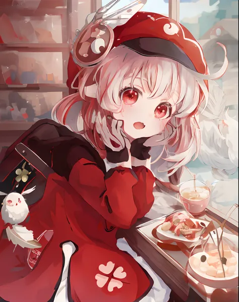 Anime girl wearing red coat with a plate of food and a bird, Splash art anime Loli, style of anime4 K, Cute anime girl, anime food, Best anime 4k konachan wallpaper, from touhou, Pisif, Loli, small loli girl, Pisif style, small curvaceous loli, Cute anime ...