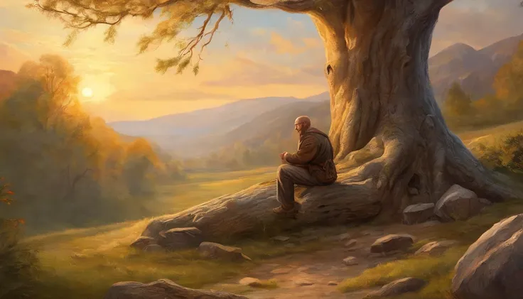 man kneeling in front of a tree stump and in the background below him is a valley (main subject) bald man, kneeling, tree stump, valley (material) illustration is acrylic painting on a canvas, 3D rendering, medium (additional details) terrain is in foothil...