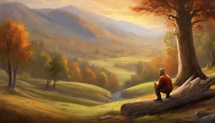 man kneeling in front of a tree stump and in the background below him is a valley (main subject) bald man, kneeling, tree stump, valley (material) illustration is acrylic painting on a canvas, 3D rendering, medium (additional details) terrain is in foothil...