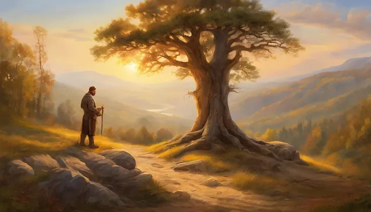 man kneeling in front of a tree stump and in the background below him is a valley (main subject) bald man, kneeling, tree stump, valley (material) illustration is acrylic painting on a canvas, 3D rendering, medium (additional details) terrain is in foothil...