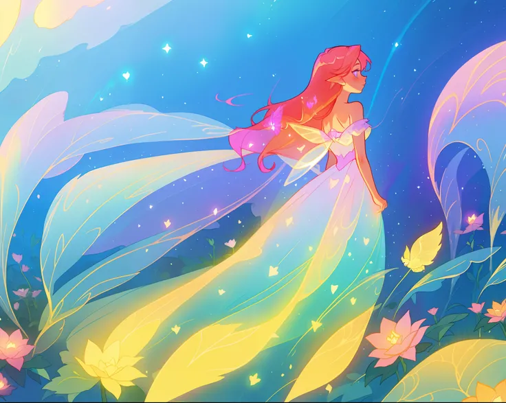 beautiful girl in flowing liquid dress, fairy dress, fairy queen, magical otherworldly landscape, (glowing fairy wings), glowing flowing ballgown, long hair, sparkling fairy wings, watercolor illustration, flowers and colorful plants, inspired by Glen Kean...