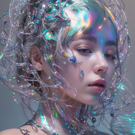 The best creative arts of the century. The iridescent mucus-like liquid is intertwined with the beauty. The back of a beautiful woman is connected to a complex device. The background is a cutting-edge technological capsule. AI beauty culture plan in capsul...