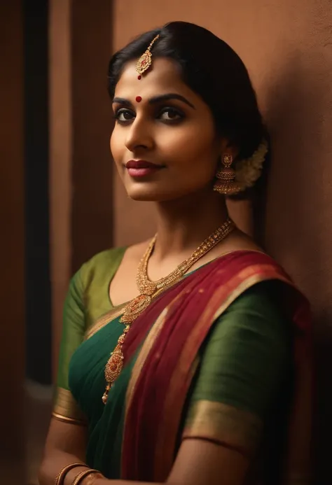 Indian women standing,sitting in hotel,table in front of her,wearing saree,twin braided,head leaning on wall,wall made of bricks,dark room,small 10watt bulb in ceiling (best quality,4k,8k,highres,masterpiece:1.2),ultra-detailed,(realistic,photorealistic,ph...