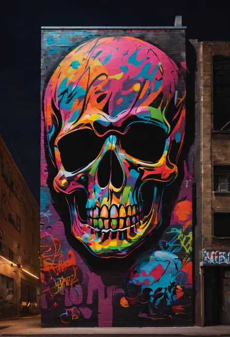 In a bustling and vibrant metropolis, where skyscrapers reach for the sky and neon lights illuminate the city streets, a wall stands adorned with a massive graffiti of a skull. This graffiti, both menacing and enigmatic, captivates the attention of passers...