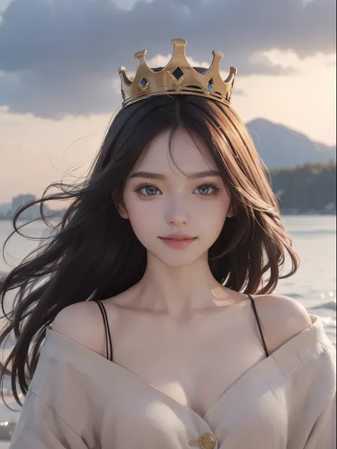 (8K, RAW photo, Best quality, Masterpiece:1.2), (Realistic, photo-realistic:1.37), Ultra-detailed, 超高分辨率, twtzuyu, 1 girl,view the viewer,Smile, ((Wear a crown on your head)), queen, Beautiful detailed eyes,  (Floating hair), Detailed clothes,  Skin textur...