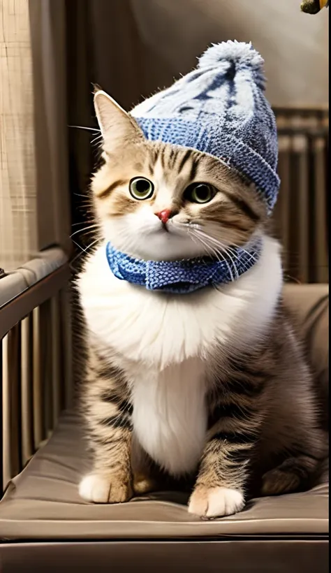 cute baby cat in knitted hat standing,various poses