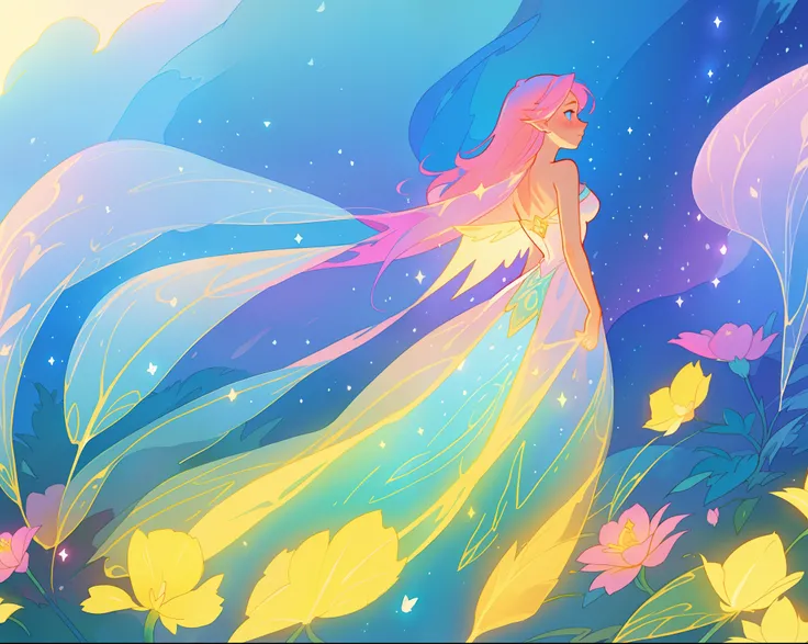 beautiful girl in flowing liquid dress, fairy dress, fairy queen, magical otherworldly landscape, (glowing fairy wings), glowing flowing ballgown, long hair, sparkling fairy wings, watercolor illustration, flowers and colorful plants, inspired by Glen Kean...