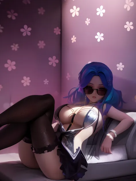 Anime girl with blue hair and sunglasses lying on a sofa, menina anime sedutora, estilo anime ecchi,Estilo Ecchi, inspirado em Rei Kamoi, Vetor Anime sombreado, sombreamento estilo anime plano, estilo de arte de anime, 2 d estilo anime, the anime girl is c...