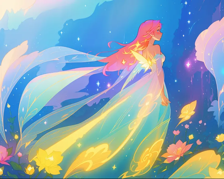 beautiful girl in flowing liquid dress, fairy dress, fairy queen, magical otherworldly landscape, (glowing fairy wings), glowing flowing ballgown, long hair, sparkling fairy wings, watercolor illustration, flowers and colorful plants, inspired by Glen Kean...