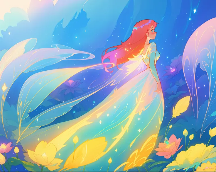 beautiful girl in flowing liquid dress, fairy dress, fairy queen, magical otherworldly landscape, (glowing fairy wings), glowing flowing ballgown, long hair, sparkling fairy wings, watercolor illustration, flowers and colorful plants, inspired by Glen Kean...