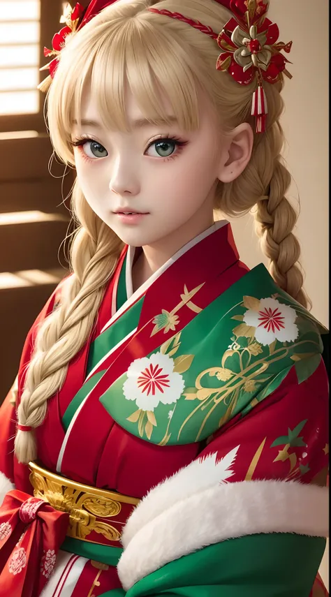 Japan girl is very cute。Big green eyes、Red-white kimono、Wearing flashy national costumes、Blonde braid、Wearing a lot of fancy ornaments、Royal Girl、