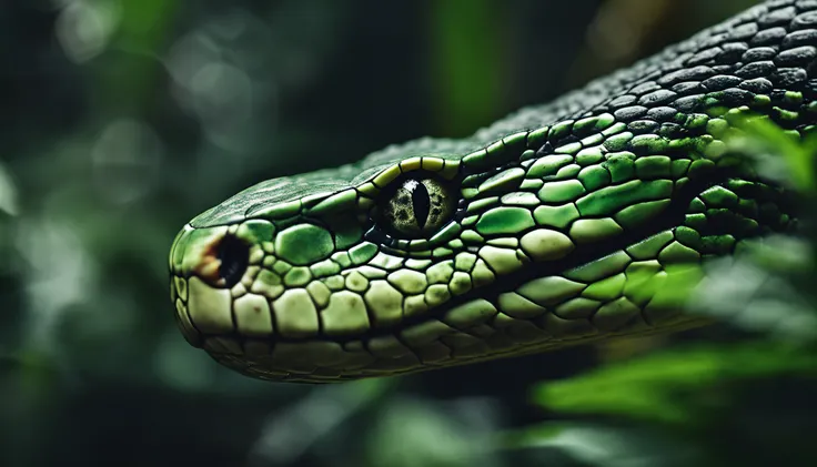 High nation-geographic symmetrical close-up portrait shoot in green jungle of an expressive snake, anamorphic lens, ultra-realistic, hyper-detailed, green-core, jungle-core –ar 16:9 –q 2 –v 5