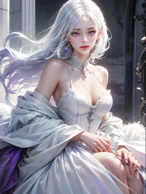 a women, white hair, purple eyes, white dress