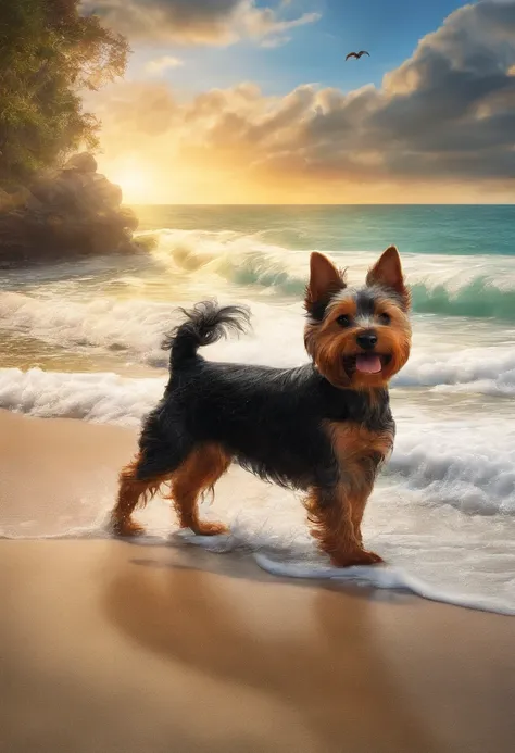 Very detailed background, Masterpiece, With the best quality, A black-backed red dog of the Norwich Terrier breed runs along the seashore, Bright sunshine, The spray of the waves shimmers in the light, Two dolphins can be seen from the water