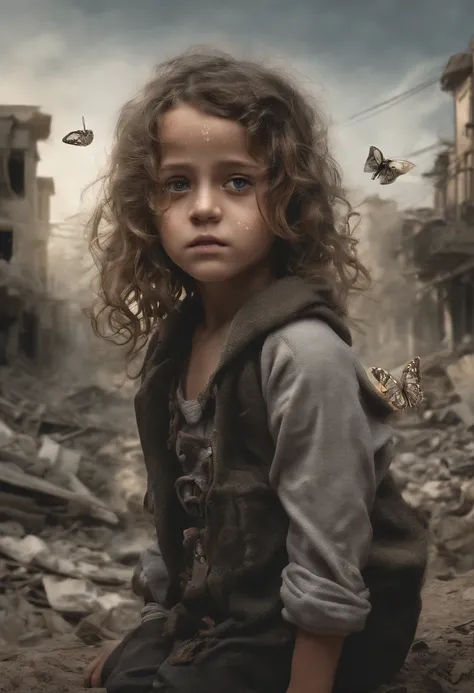 "Ultra-realistic depiction of a little girl, Assis avec chagrin, Agonie, ((dried eye drops, Face focused on the camera)), messy, palestinien, curly hair, Dusty face and cloth,(( A destroyed city in the background, feu, cadavre humain sur le sol, certaines ...