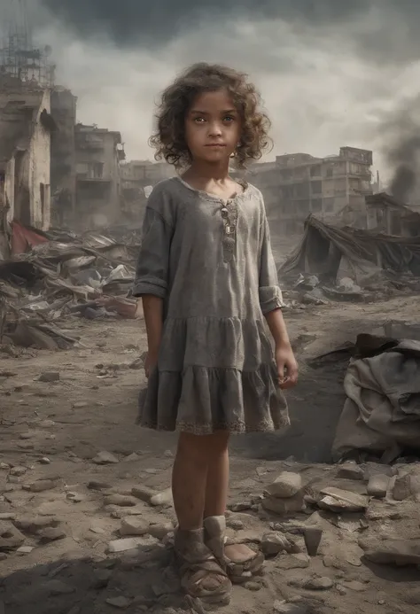 "Ultra-realistic depiction of a little girl, Assis avec chagrin, Agonie, ((dried eye drops, Face focused on the camera)), messy, palestinien, curly hair, Dusty face and cloth,(( A destroyed city in the background, feu, cadavre humain sur le sol, certaines ...