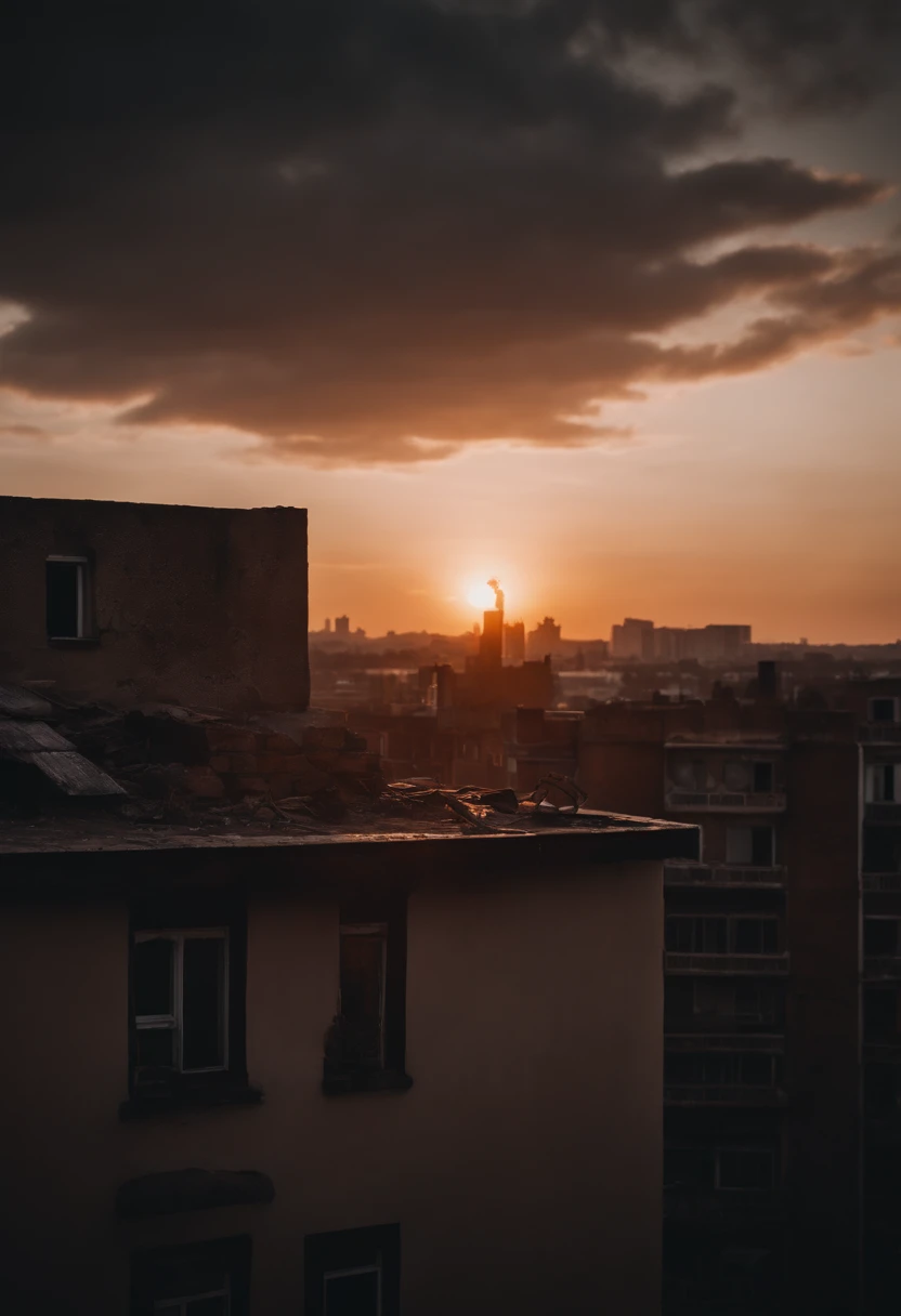 On top of a apartment building, overlooking a ruined city, buildings with small fires, beautiful sunset, peaceful