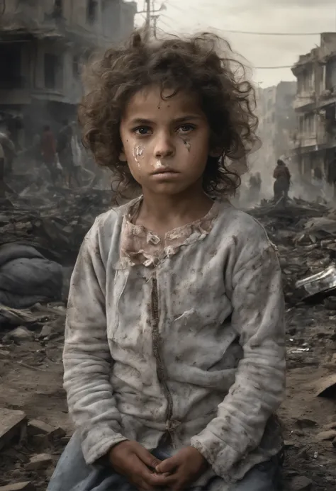 "Ultra-realistic depiction of a little girl, Assis avec chagrin, Agonie, ((dried eye drops, Face focused on the camera)), messy, palestinien, curly hair, Dusty face and cloth,(( A destroyed city in the background, feu, cadavre humain sur le sol, certaines ...