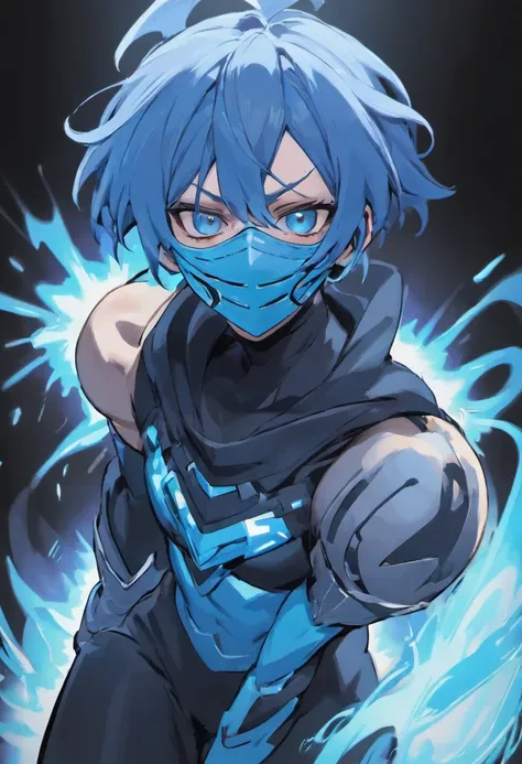 Closeup photograph, of a genderless character with a mask that is light blue, and with full blue clothes