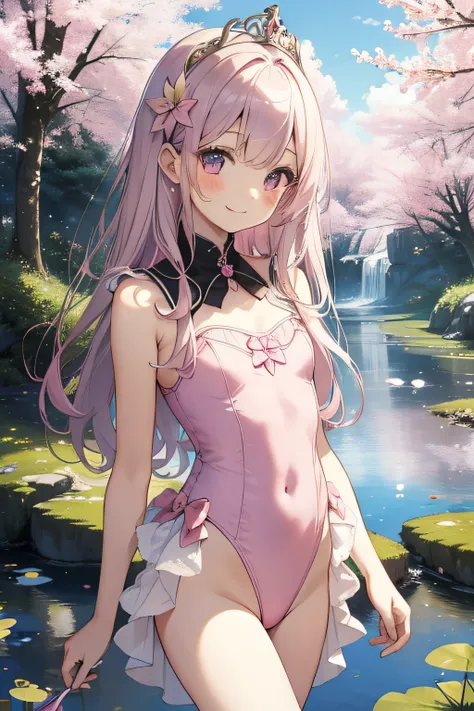 top-quality、extremely delicate and beautiful、Soio、Soio、8-year-old little girl、Italian、Lori、Chiquita、elementary student、((Pink leotard))、（highleg）dress room、、Tiara on the head、A smile、is standing、Facing the front、Pond in the background、the woods、cherry tree...