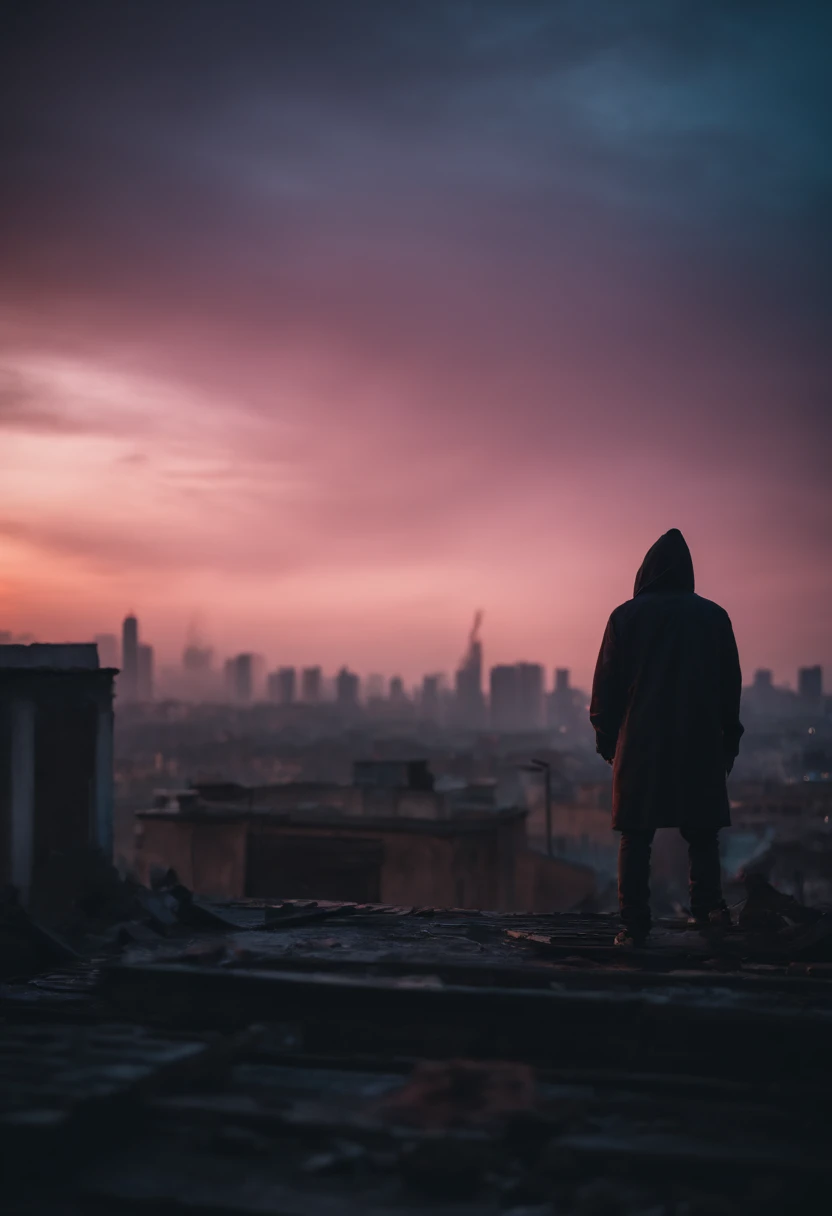 Hooded person standing on a building roof, overlooking a ruined apocalyptic city, blue and pink sunset, buildings on fire, fire axe in their hand, view from behind, small campfire next to them.