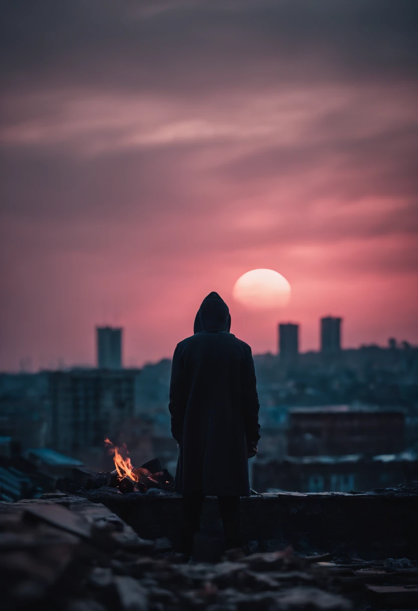 Hooded person standing on a building roof, overlooking a ruined apocalyptic city, blue and pink sunset, buildings on fire, fire axe in their hand, view from behind, small campfire next to them.