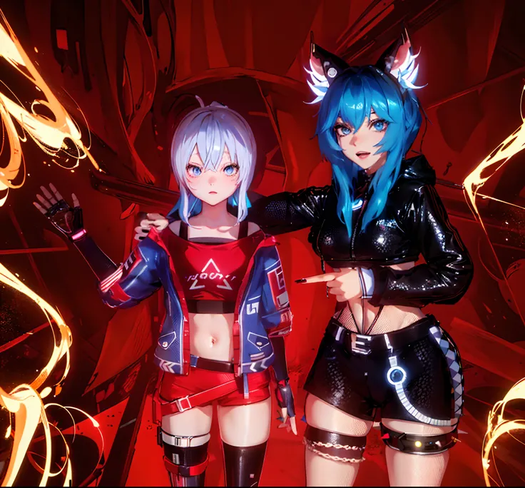 Anime - imagem de estilo de duas mulheres vestidas de preto e azul, estilo anime. 8k, VRCabord, anime estilo 3d, estilo anime 4K, modelo live2d youtuber virtual, wearing cybernetic bunny ears, estilo cyber universe, estilo anime, anime estilizado, E - Meni...