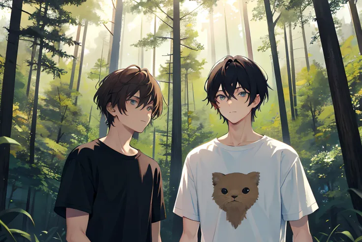 2man，2 Adult males，cool guy，brunette color hair，Man wearing a T-shirt，snak，grassy fields，ln the forest，Spaced a little farther apart，looking at viewert