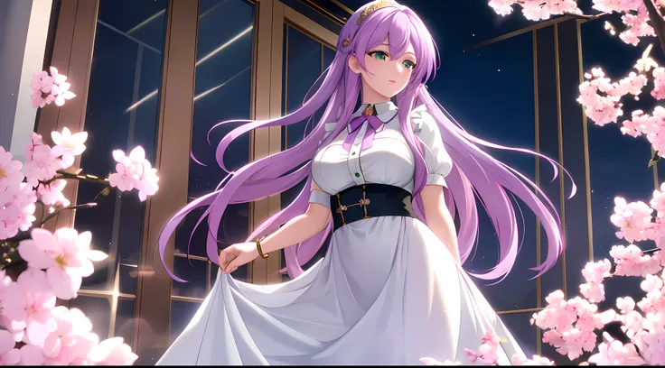 Athena with plain long light purple hair,hair between eyes,green eyes,rosy cheeks,full lips,thin eyebrows,slender body,wearing maid uniform and full long skirt,praying beads on neck,cute anime girl,full body,inside hotel in background,anime style,Lumen Ref...