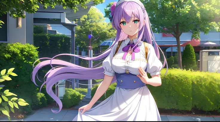 Athena with plain long light purple hair,hair between eyes,green eyes,rosy cheeks,full lips,thin eyebrows,slender body,wearing maid uniform and full long skirt,praying beads on neck,cute anime girl,full body,restaurant on street in background,anime style,L...