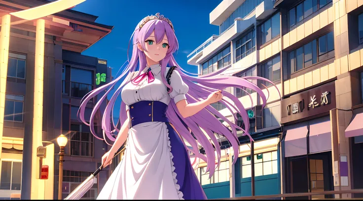 Athena with plain long light purple hair,hair between eyes,green eyes,rosy cheeks,full lips,thin eyebrows,slender body,wearing maid uniform and full long skirt,praying beads on neck,cute anime girl,full body,restaurant on street in background,anime style,L...