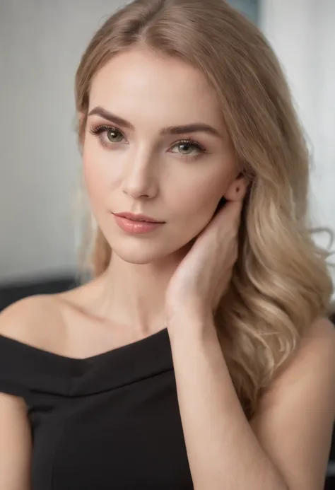 a beautiful woman in the cosmetologists office, professional, (4k photo:1.1), high detail, wearing black business dress, beautiful detailed face, hazel eyes, not too long blonde hair, body shape, massage table, windows