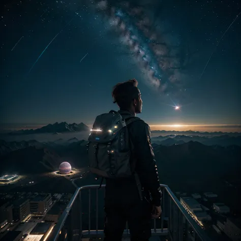 A Backpack Survivor Man Smoking On Top Of A Metal Structure Looking At The Stars And Planets Sharp In Futuristic City Space Aircraft Cibe Punk, luzes fluorescentes hiper-realista em 8k e surrealista em alta qualidade.