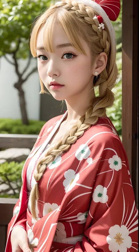 Japan girl is very cute。Big green eyes、Red-white kimono、Wearing flashy national costumes、Blonde braid、Wearing a lot of fancy ornaments、Royal Girl、