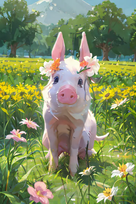 (one animal) (a pig with bunny ears) (flower field background) (perfect light) (highest quality)